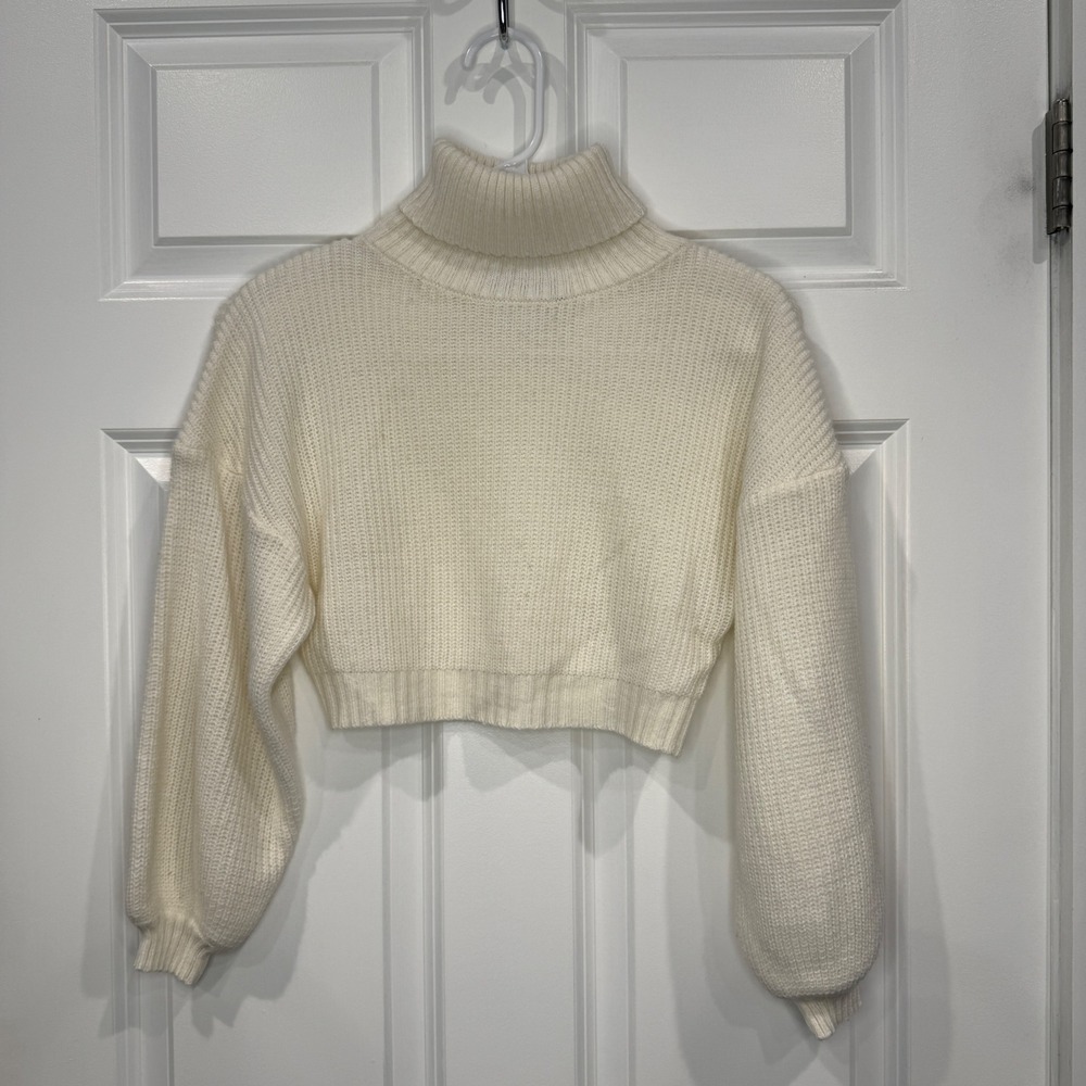 Zaful Cream White Cropped Turtleneck Sweater Balloon Sleeve Knit Top Size Small